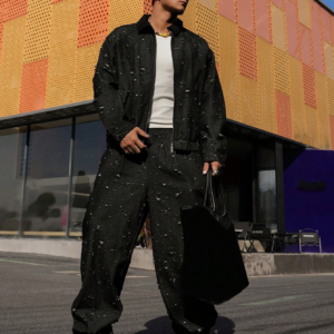 Ensemble de costume en jean noir délavé pour homme, convient pour le printemps et l'automne