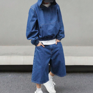Ensemble Top en denim à manches longues avec capuche et pantalon en denim pour hommes